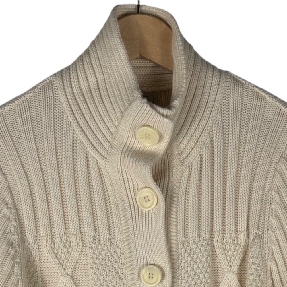 LL Bean Womens Cream Wool Blend Cable Knit Mock Neck Button Cardigan Sweater L